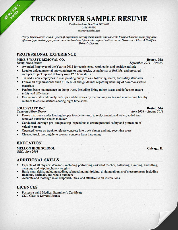 Truck Driver Resume Sample